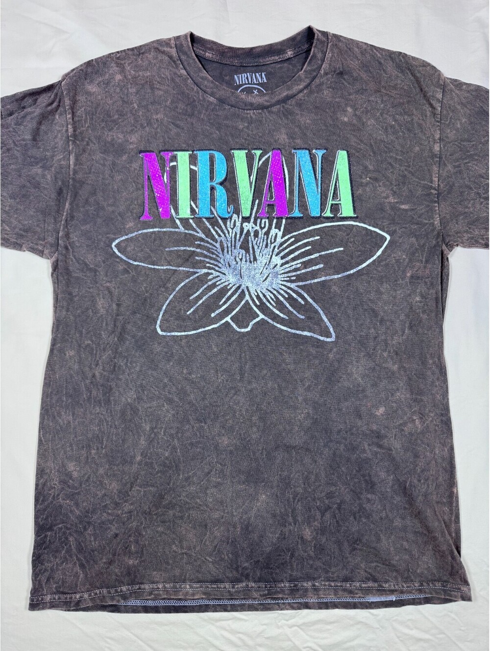 Men's Nirvana Short Sleeve T-Shirt Large Black/Brown Vintage Wash Lotus Graphic